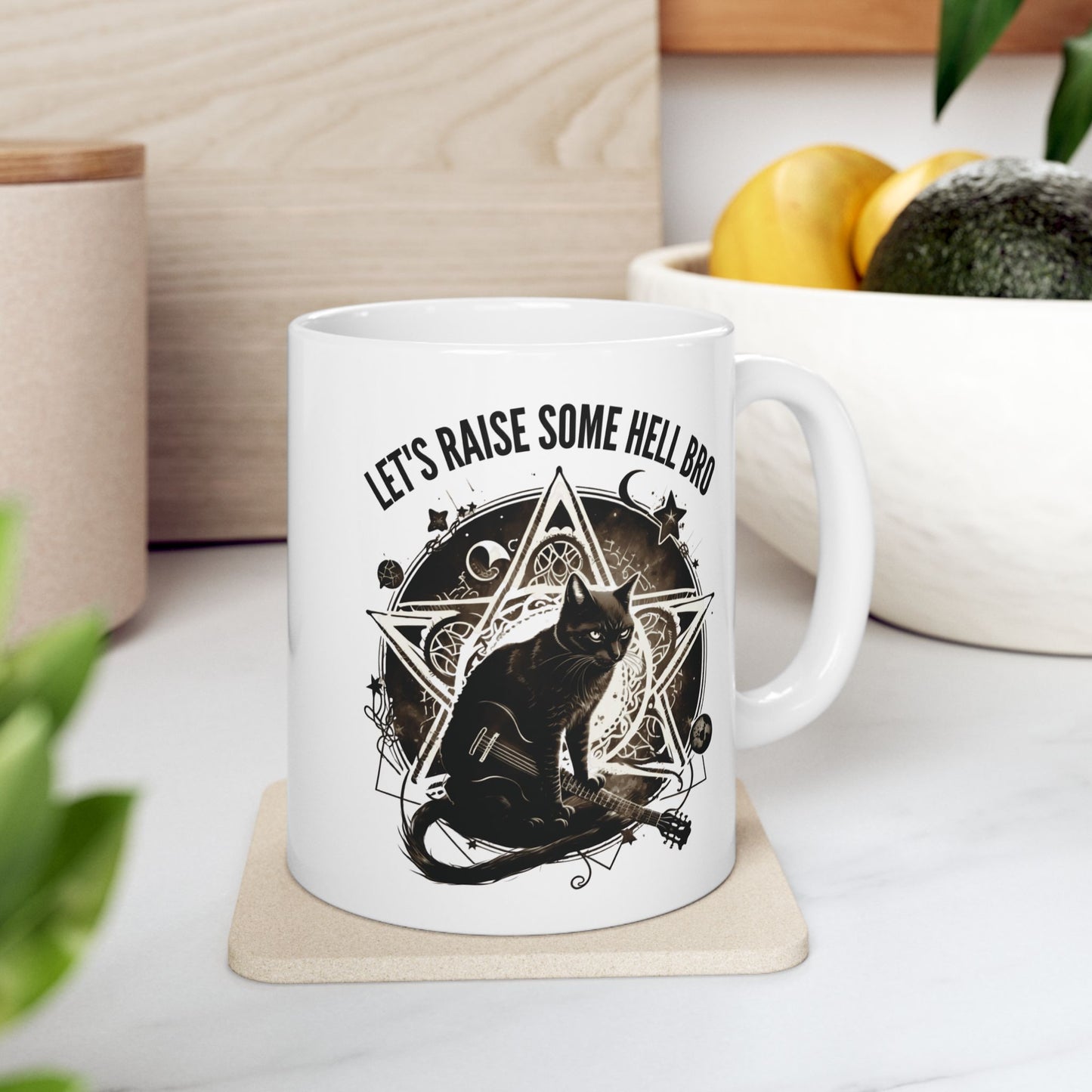 🎸 "Let's Raise Some Hell Bro" Gothic Cat Mug - Rocker Cat with Guitar & Pentagram - 11oz 😺