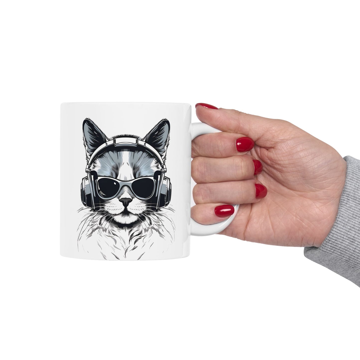 Cool Cat Headphones Mug - Funny Music Cat Design - 11oz - Free Shipping