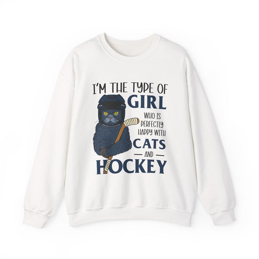 Cats & Hockey Girl Sweatshirt – Funny Unisex Crewneck for Cat Lovers & Sports Fans | Cozy Cotton-Poly Blend