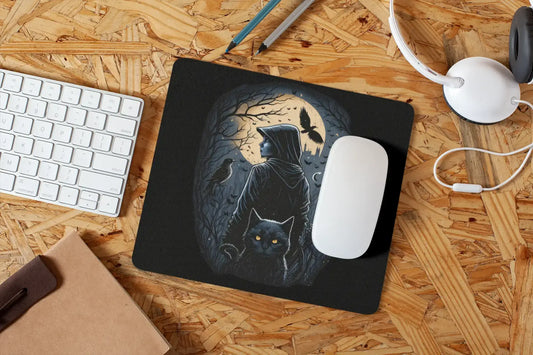 Gothic Hooded Figure & Cat Mousepad | Dark Art