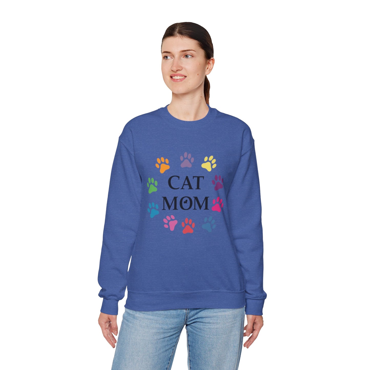 Vibrant Cat Mom Sweatshirt: Colorful Paw Print Circle Crewneck | Cozy 50/50 Cotton-Poly Gift