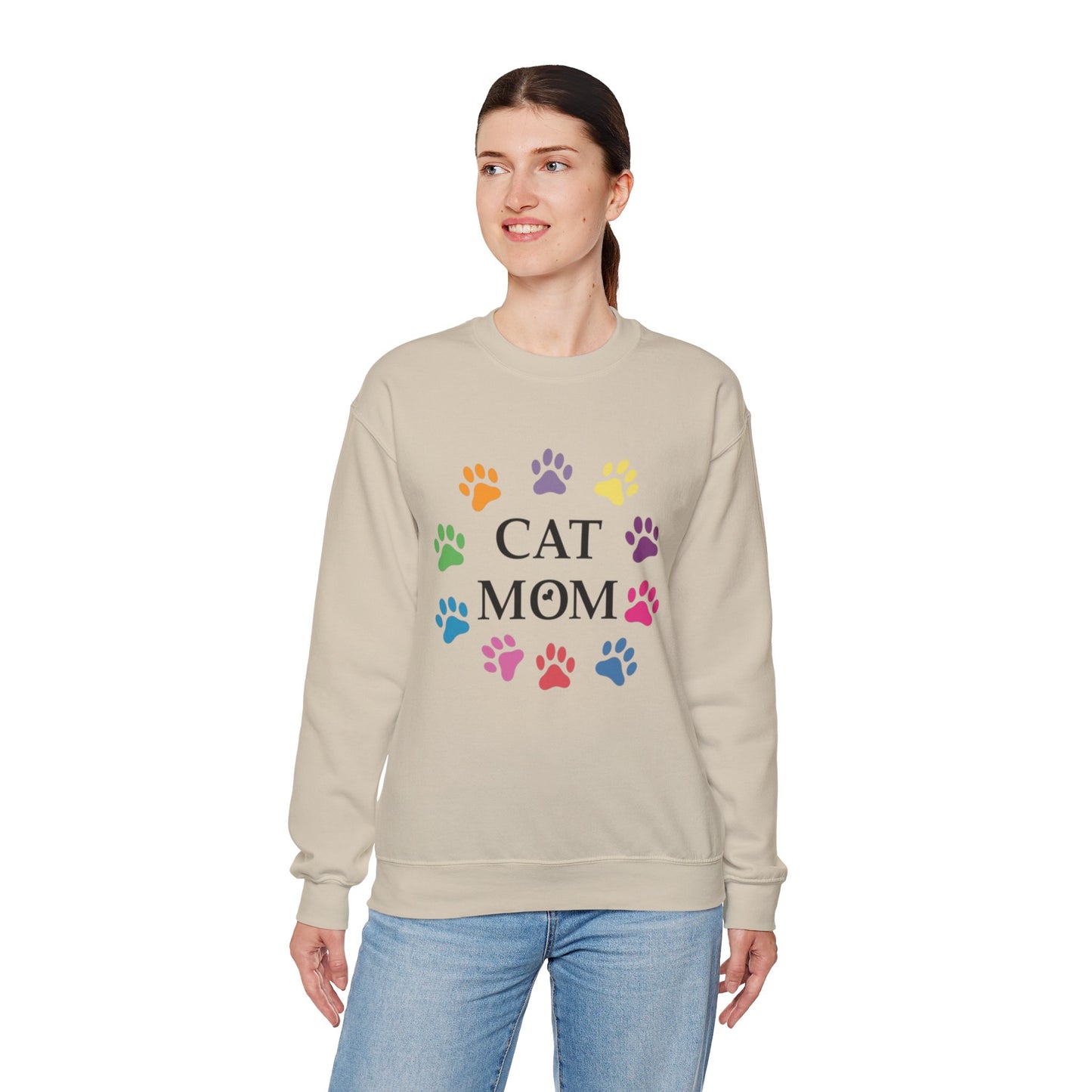 Vibrant Cat Mom Sweatshirt: Colorful Paw Print Circle Crewneck | Cozy 50/50 Cotton-Poly Gift