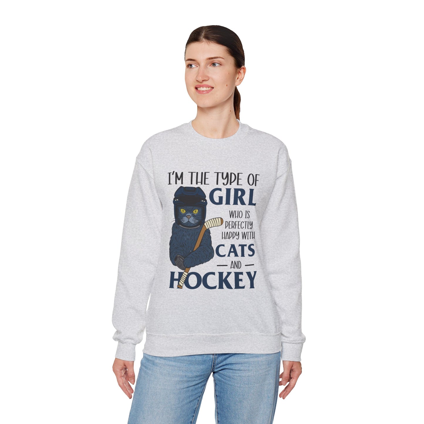 Cats & Hockey Girl Sweatshirt – Funny Unisex Crewneck for Cat Lovers & Sports Fans | Cozy Cotton-Poly Blend
