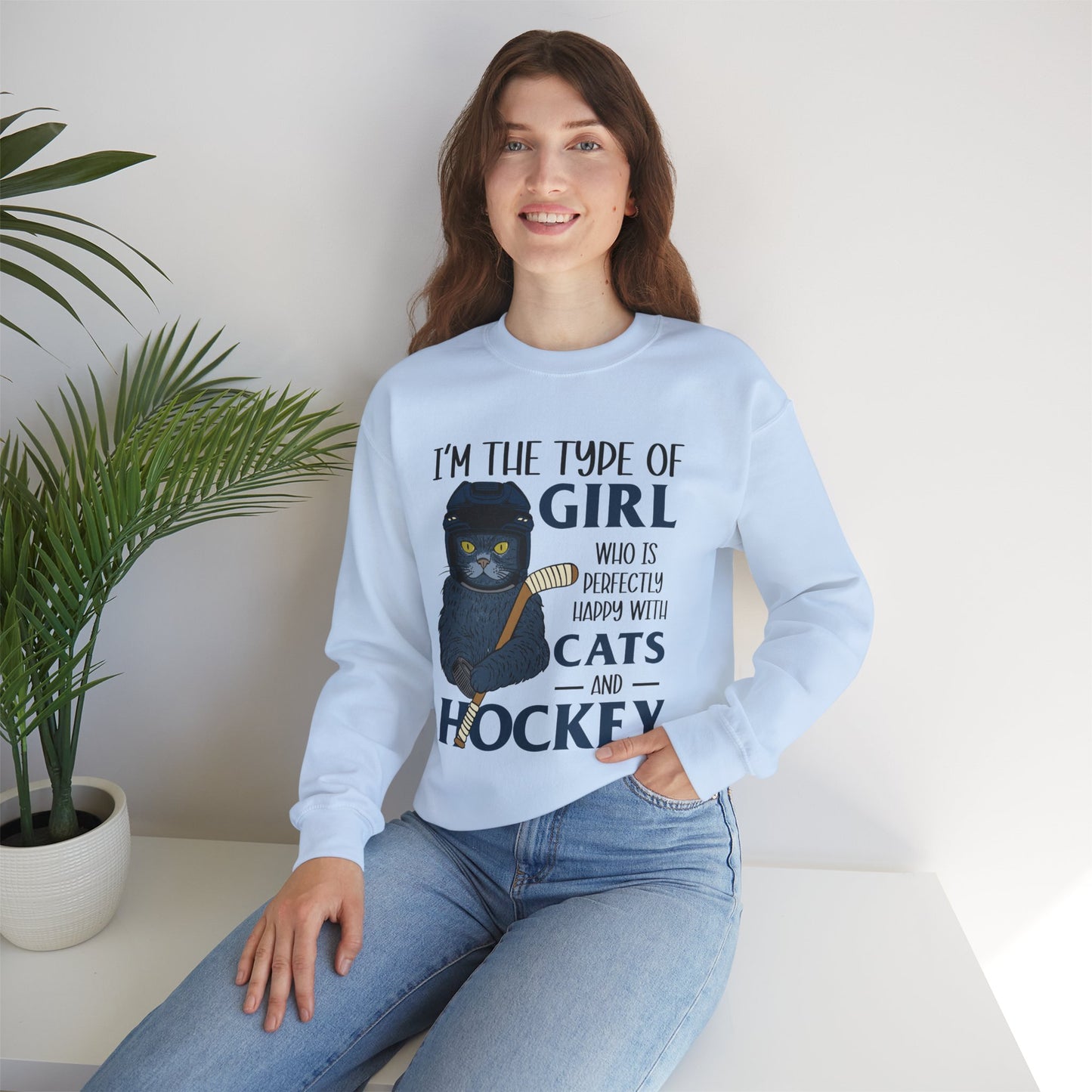 Cats & Hockey Girl Sweatshirt – Funny Unisex Crewneck for Cat Lovers & Sports Fans | Cozy Cotton-Poly Blend