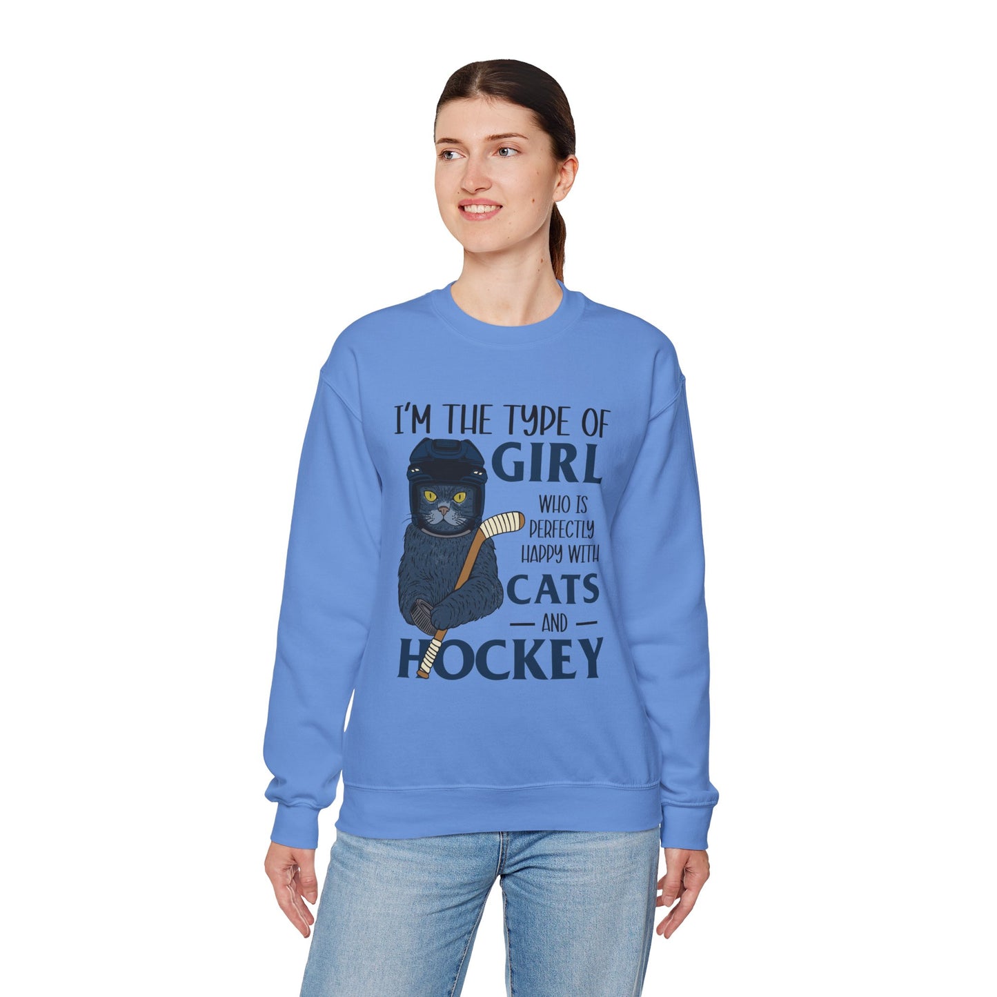 Cats & Hockey Girl Sweatshirt – Funny Unisex Crewneck for Cat Lovers & Sports Fans | Cozy Cotton-Poly Blend