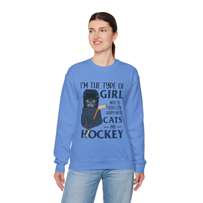 Cats & Hockey Girl Sweatshirt – Funny Unisex Crewneck for Cat Lovers & Sports Fans | Cozy Cotton-Poly Blend