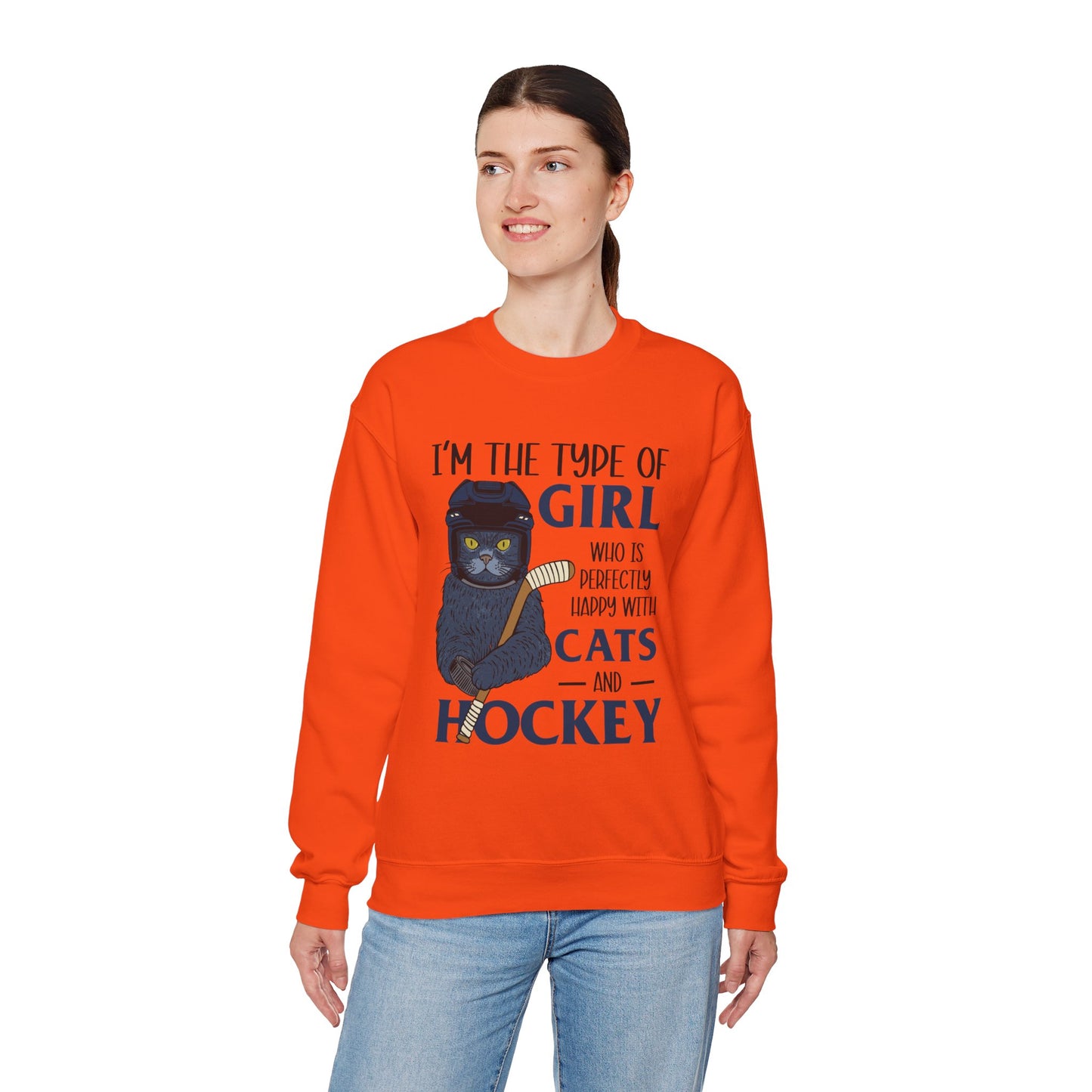 Cats & Hockey Girl Sweatshirt – Funny Unisex Crewneck for Cat Lovers & Sports Fans | Cozy Cotton-Poly Blend