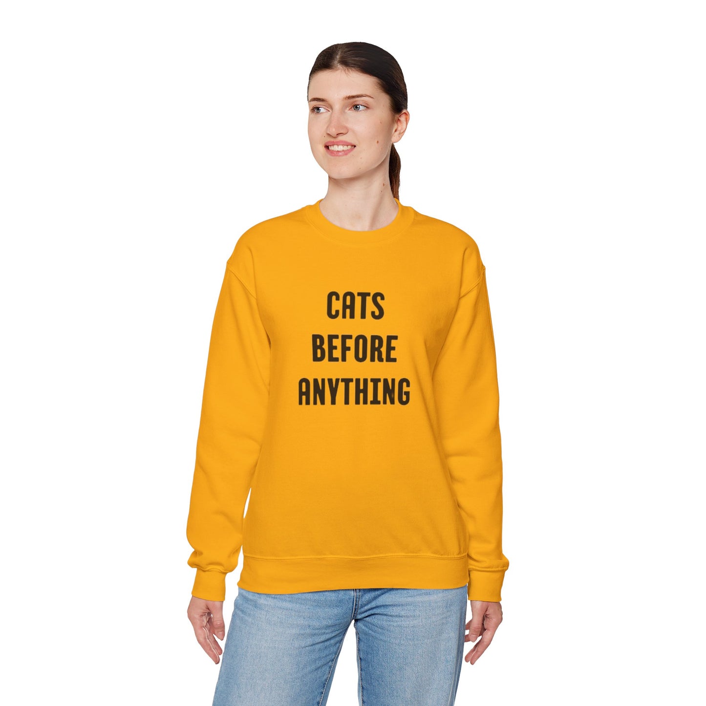 CATS BEFORE ANYTHING Sweatshirt 🐾 | Funny Unisex Crewneck for Cat Lovers | Bold Black & White Statement Pullover