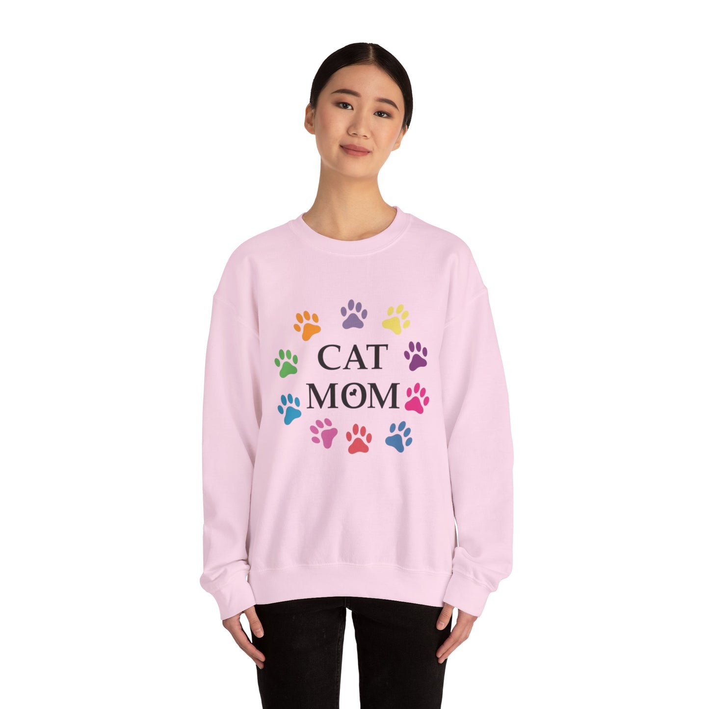 Vibrant Cat Mom Sweatshirt: Colorful Paw Print Circle Crewneck | Cozy 50/50 Cotton-Poly Gift