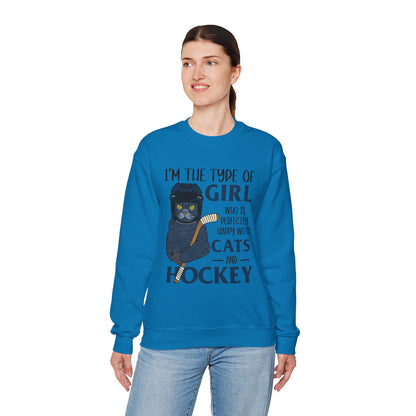 Cats & Hockey Girl Sweatshirt – Funny Unisex Crewneck for Cat Lovers & Sports Fans | Cozy Cotton-Poly Blend