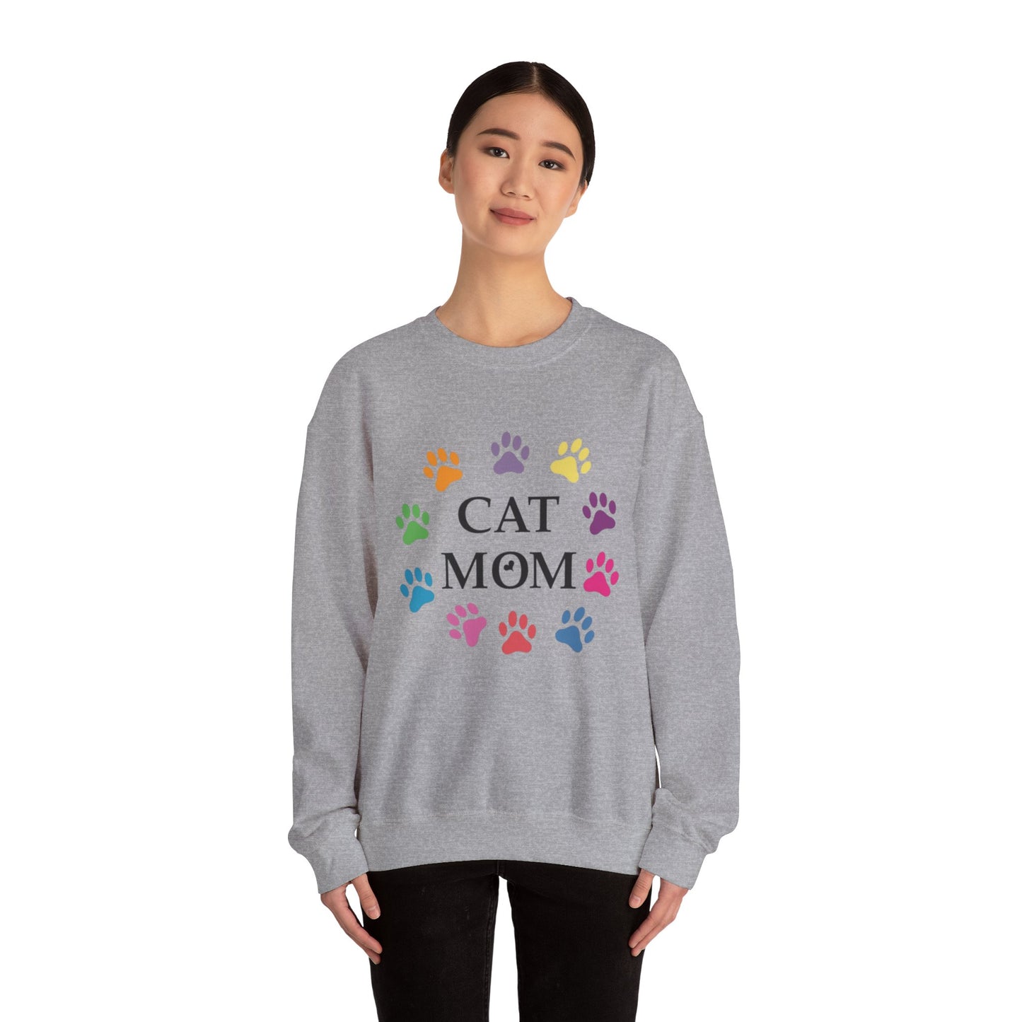 Vibrant Cat Mom Sweatshirt: Colorful Paw Print Circle Crewneck | Cozy 50/50 Cotton-Poly Gift