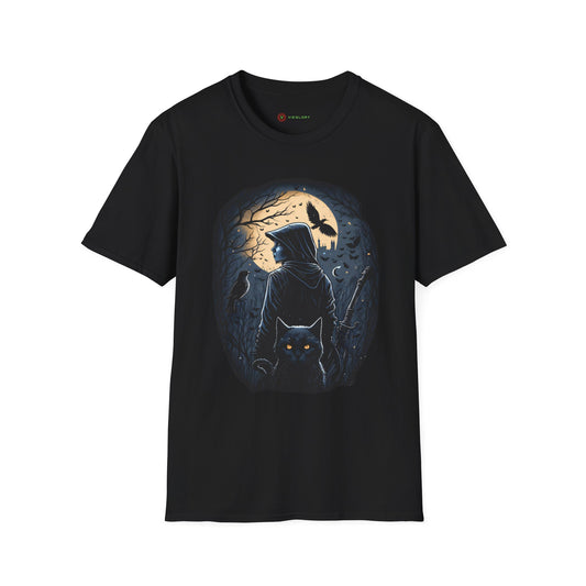 Shadow Seeker Unisex T-Shirt – Mystical Night, Black Cat & Moonlit Adventure