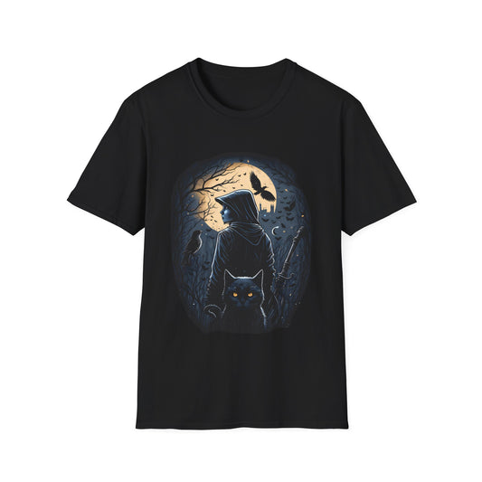 🔥 Shadow Seeker Unisex T-Shirt – Mystical Night, Black Cat & Moonlit Adventure 🌙🐈‍⬛