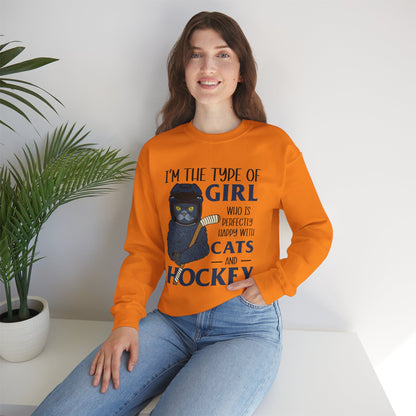 Cats & Hockey Girl Sweatshirt – Funny Unisex Crewneck for Cat Lovers & Sports Fans | Cozy Cotton-Poly Blend