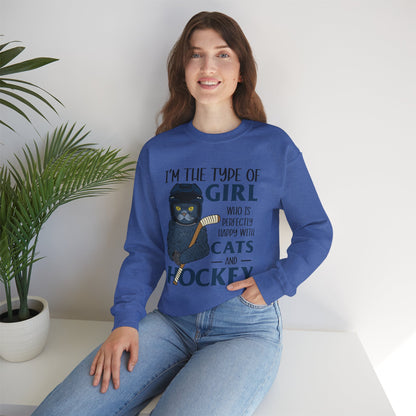 Cats & Hockey Girl Sweatshirt – Funny Unisex Crewneck for Cat Lovers & Sports Fans | Cozy Cotton-Poly Blend