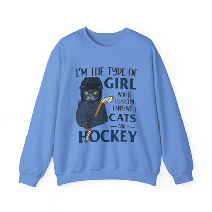 Cats & Hockey Girl Sweatshirt – Funny Unisex Crewneck for Cat Lovers & Sports Fans | Cozy Cotton-Poly Blend