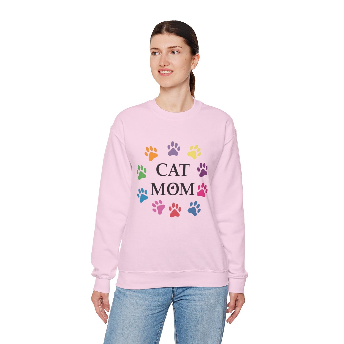 Vibrant Cat Mom Sweatshirt: Colorful Paw Print Circle Crewneck | Cozy 50/50 Cotton-Poly Gift