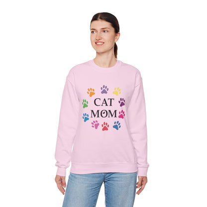 Vibrant Cat Mom Sweatshirt: Colorful Paw Print Circle Crewneck | Cozy 50/50 Cotton-Poly Gift