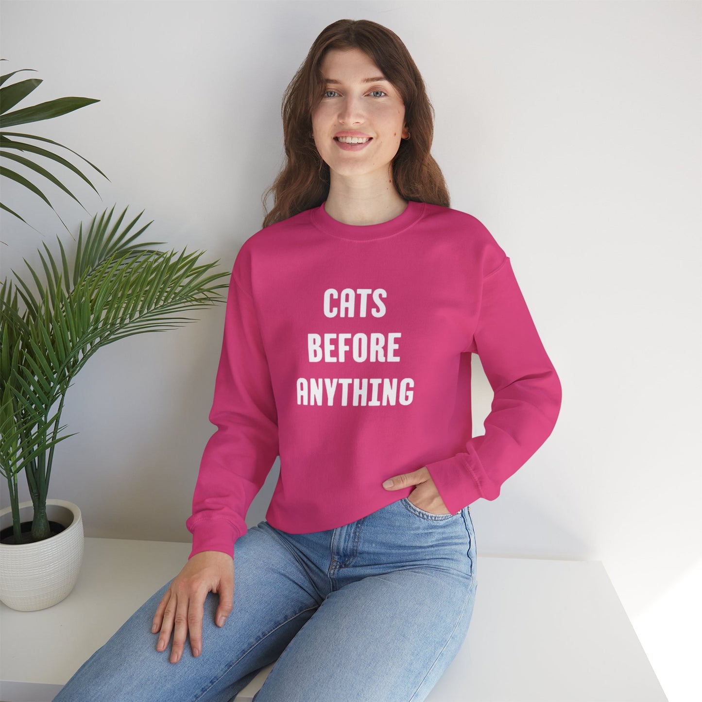 CATS BEFORE ANYTHING Sweatshirt 🐾 | Funny Unisex Crewneck for Cat Lovers | Bold Black & White Statement Pullover