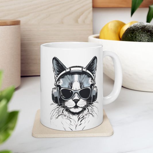 Cool Cat Headphones Mug - Funny Music Cat Design - 11oz - Free Shipping