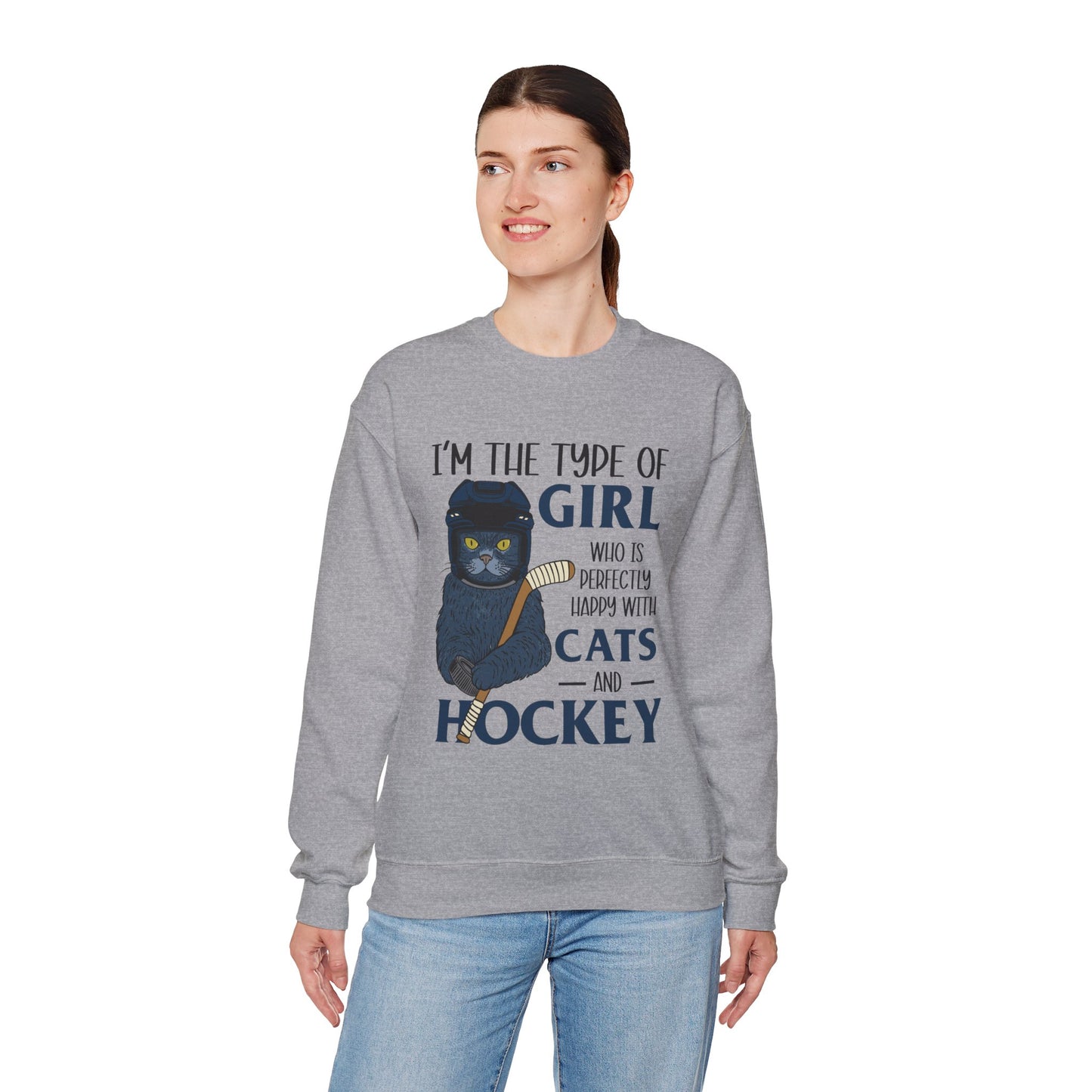 Cats & Hockey Girl Sweatshirt – Funny Unisex Crewneck for Cat Lovers & Sports Fans | Cozy Cotton-Poly Blend