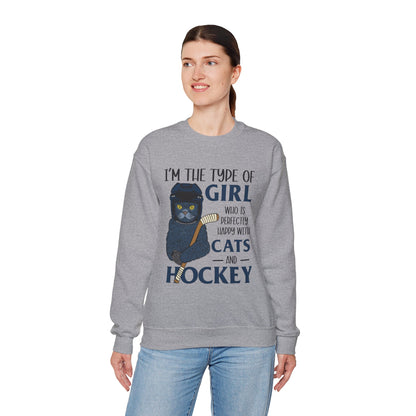 Cats & Hockey Girl Sweatshirt – Funny Unisex Crewneck for Cat Lovers & Sports Fans | Cozy Cotton-Poly Blend