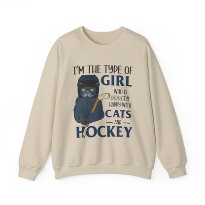 Cats & Hockey Girl Sweatshirt – Funny Unisex Crewneck for Cat Lovers & Sports Fans | Cozy Cotton-Poly Blend
