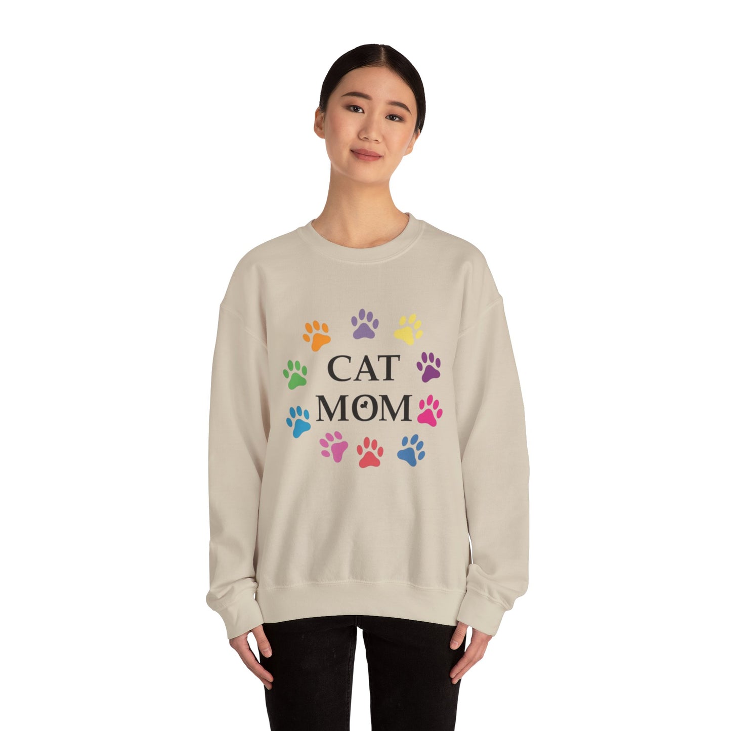 Vibrant Cat Mom Sweatshirt: Colorful Paw Print Circle Crewneck | Cozy 50/50 Cotton-Poly Gift