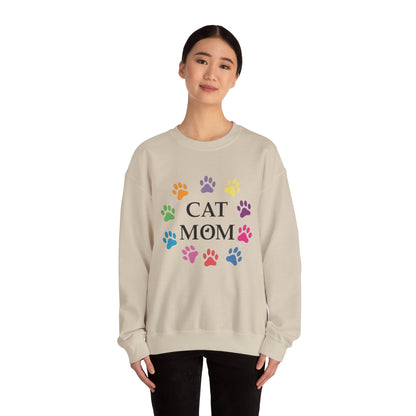 Vibrant Cat Mom Sweatshirt: Colorful Paw Print Circle Crewneck | Cozy 50/50 Cotton-Poly Gift