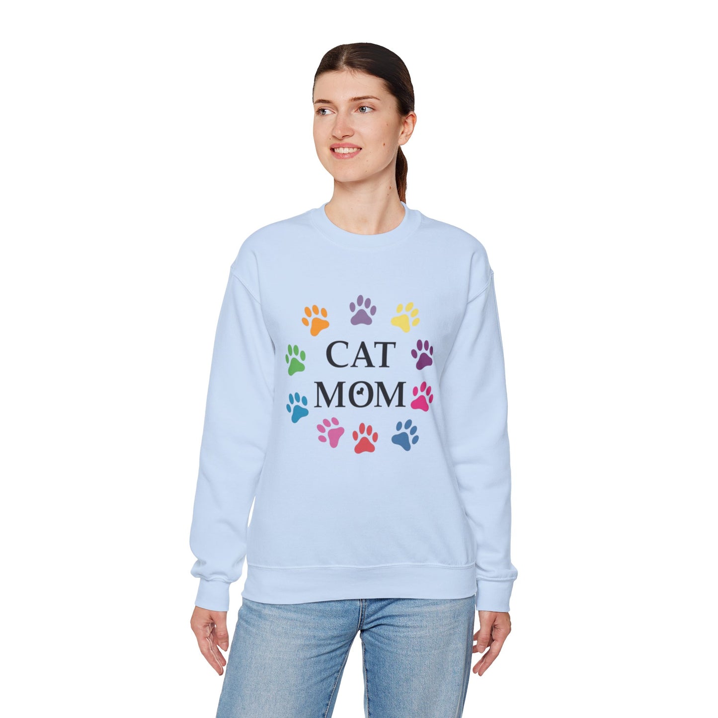 Vibrant Cat Mom Sweatshirt: Colorful Paw Print Circle Crewneck | Cozy 50/50 Cotton-Poly Gift