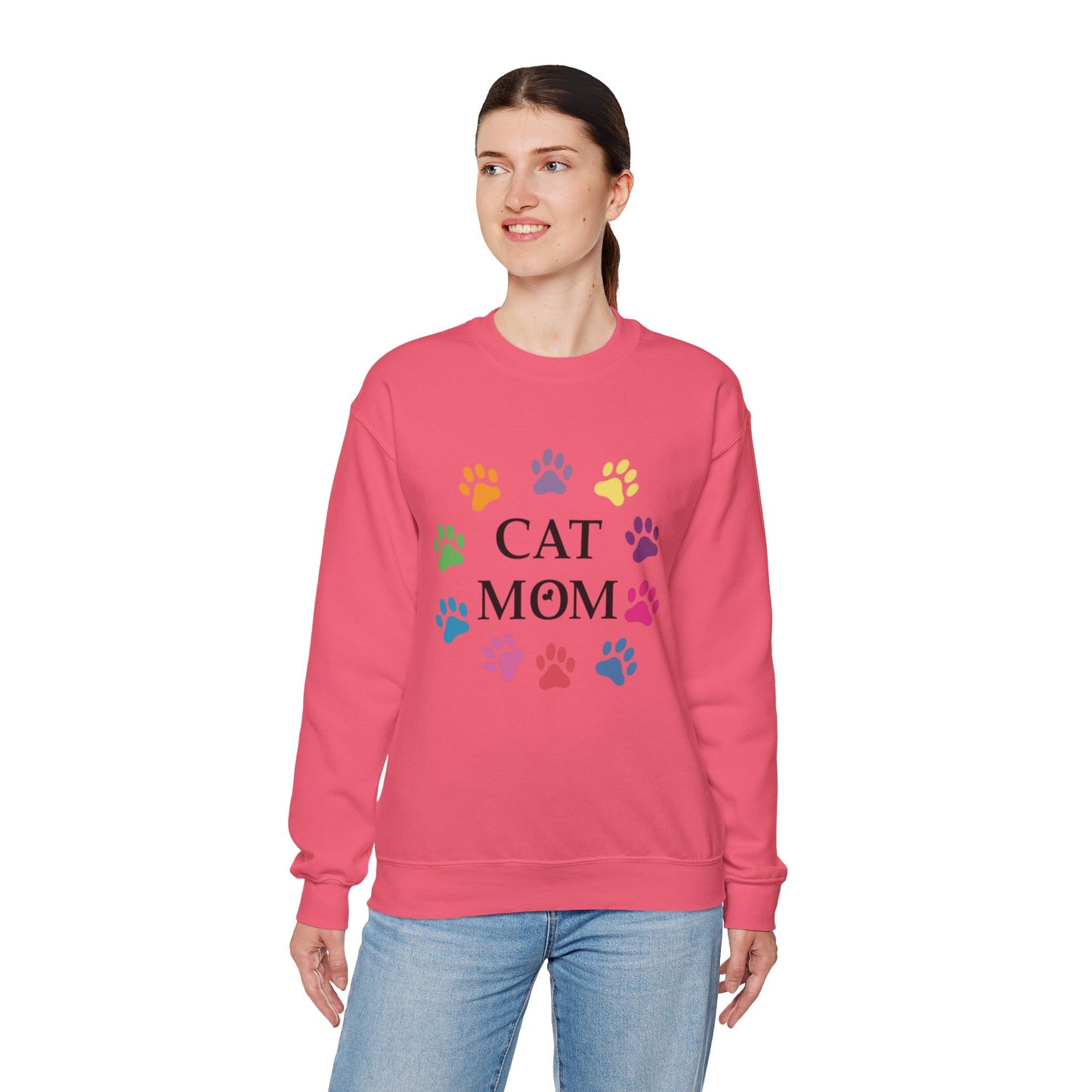 Vibrant Cat Mom Sweatshirt: Colorful Paw Print Circle Crewneck | Cozy 50/50 Cotton-Poly Gift