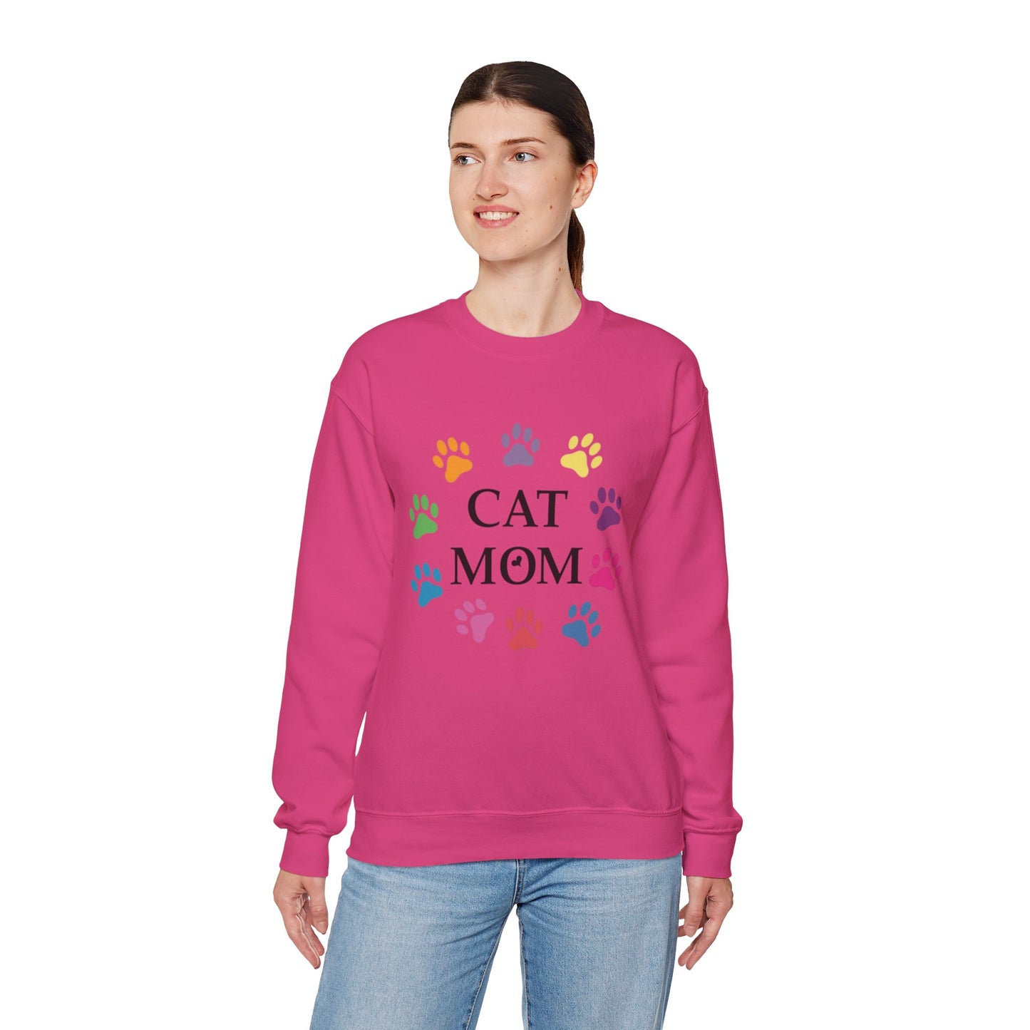 Vibrant Cat Mom Sweatshirt: Colorful Paw Print Circle Crewneck | Cozy 50/50 Cotton-Poly Gift