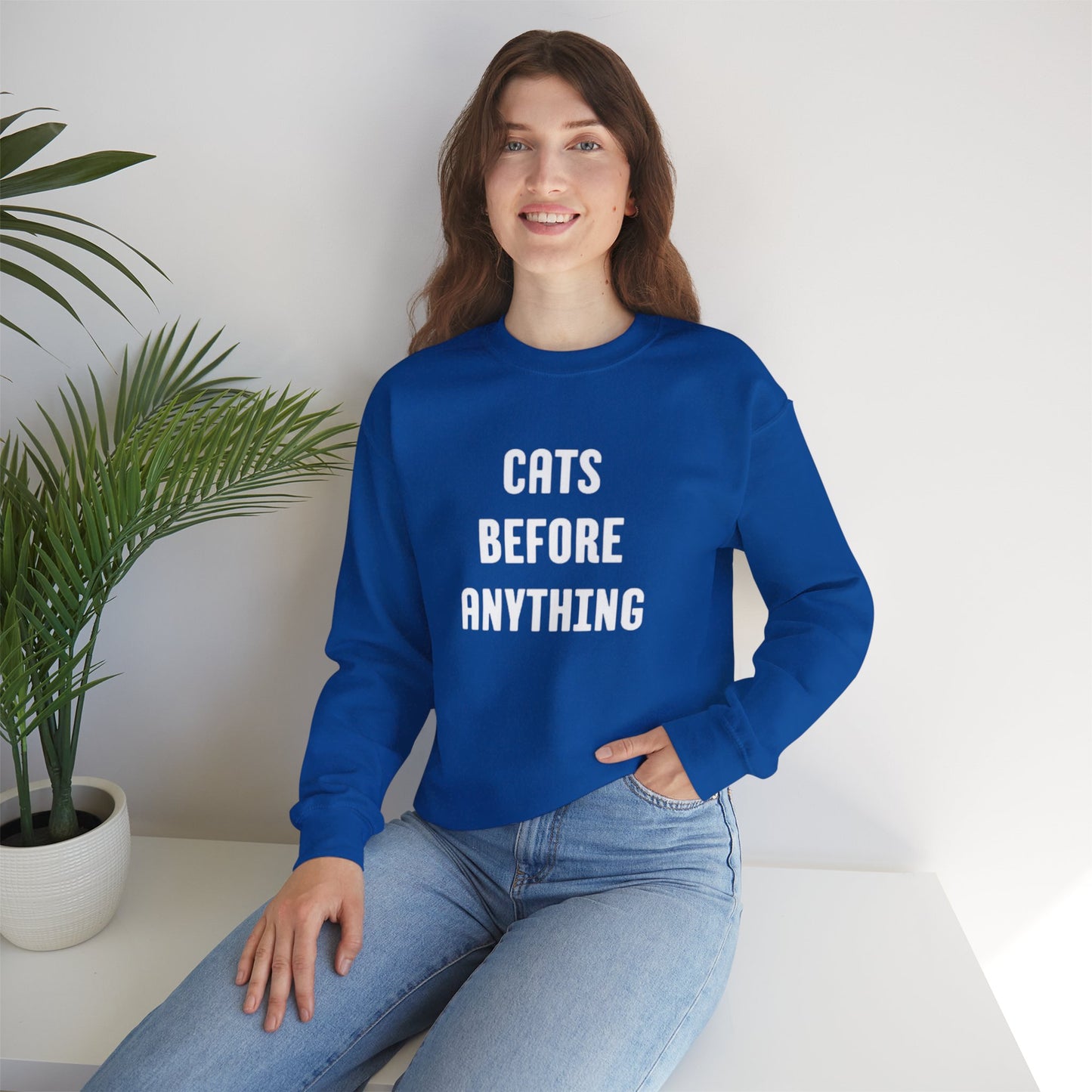 CATS BEFORE ANYTHING Sweatshirt 🐾 | Funny Unisex Crewneck for Cat Lovers | Bold Black & White Statement Pullover
