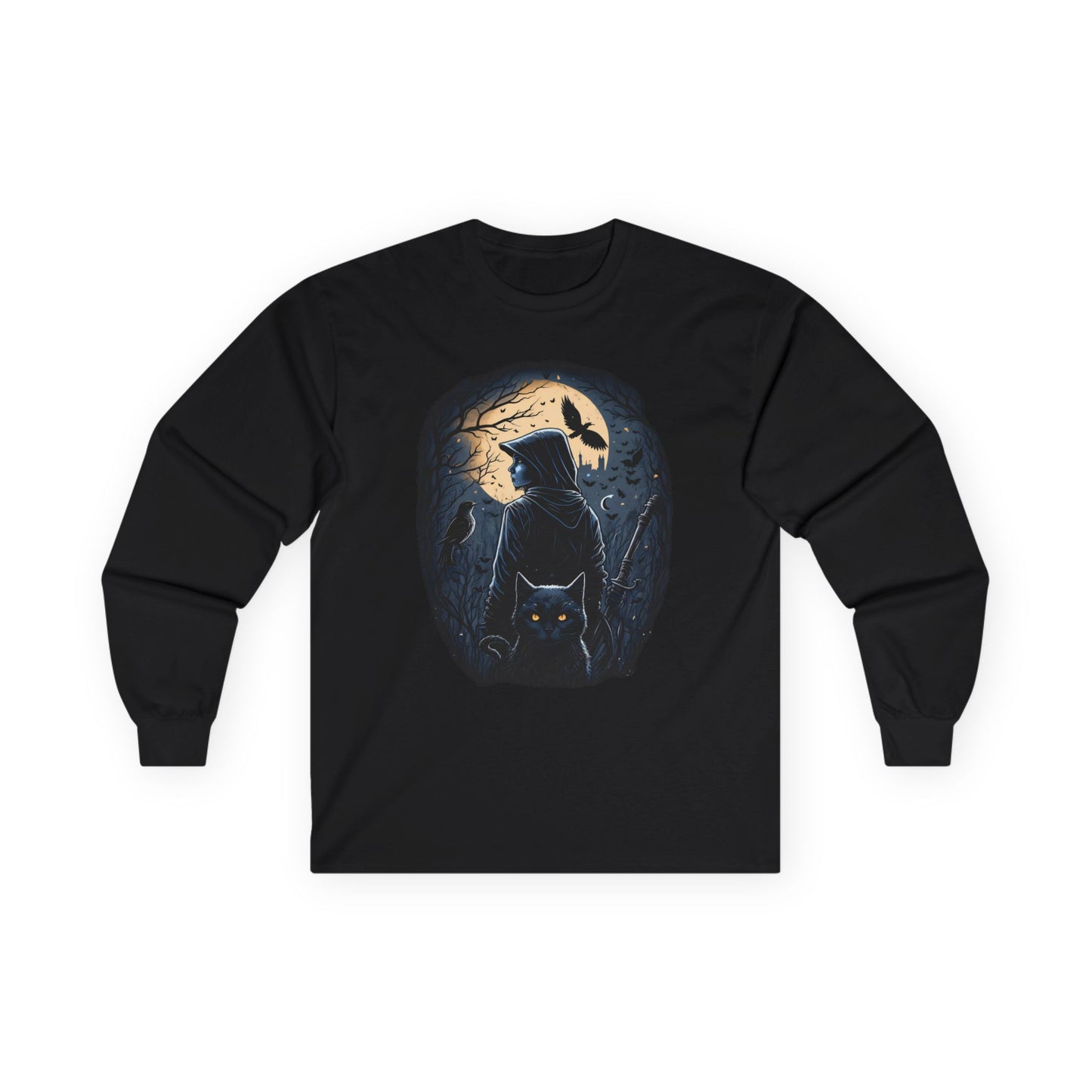 Moonlit Guardian Long Sleeve Tee | Gothic Cat & Raven 🌙🐈‍⬛