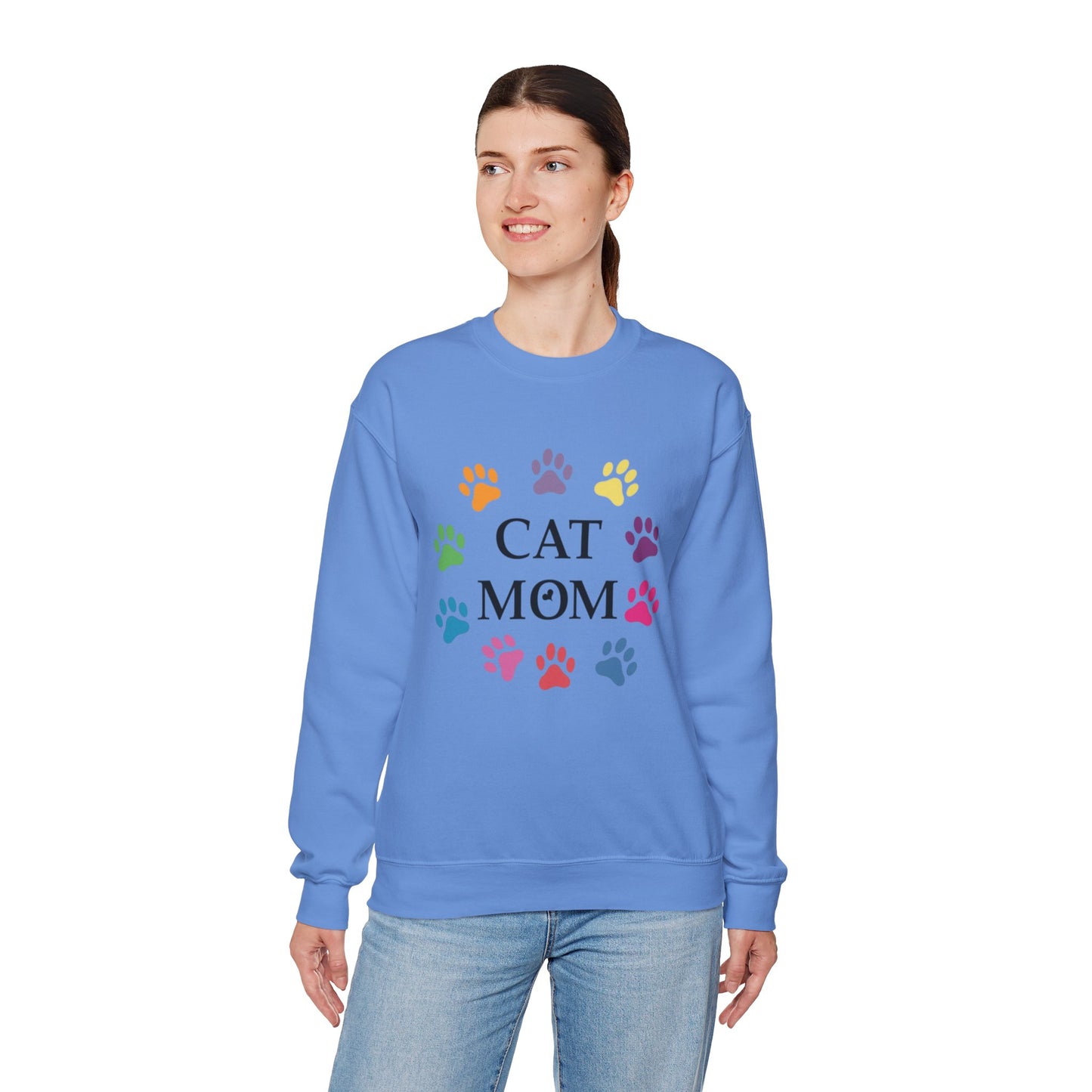 Vibrant Cat Mom Sweatshirt: Colorful Paw Print Circle Crewneck | Cozy 50/50 Cotton-Poly Gift