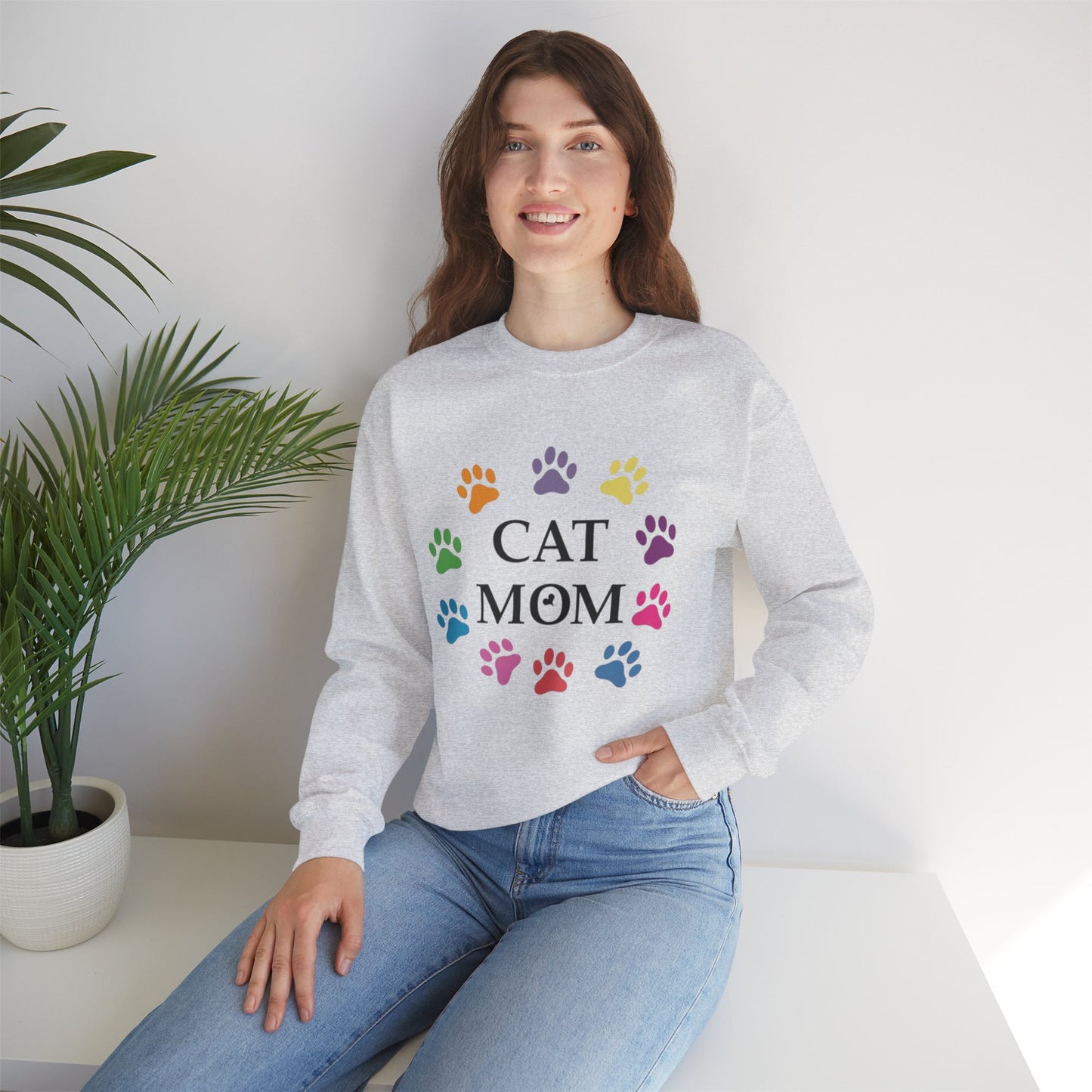 Vibrant Cat Mom Sweatshirt: Colorful Paw Print Circle Crewneck | Cozy 50/50 Cotton-Poly Gift