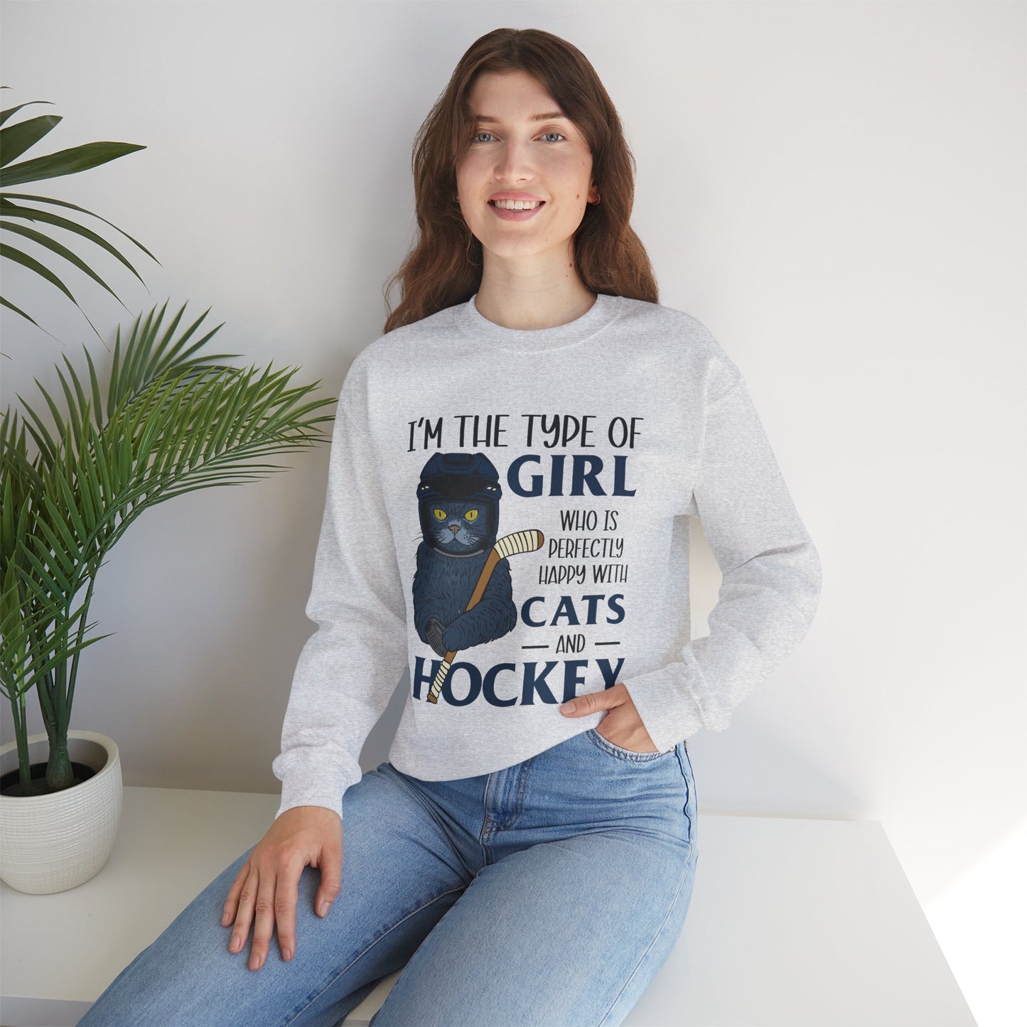 Cats & Hockey Girl Sweatshirt – Funny Unisex Crewneck for Cat Lovers & Sports Fans | Cozy Cotton-Poly Blend