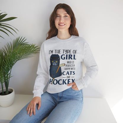 Cats & Hockey Girl Sweatshirt – Funny Unisex Crewneck for Cat Lovers & Sports Fans | Cozy Cotton-Poly Blend