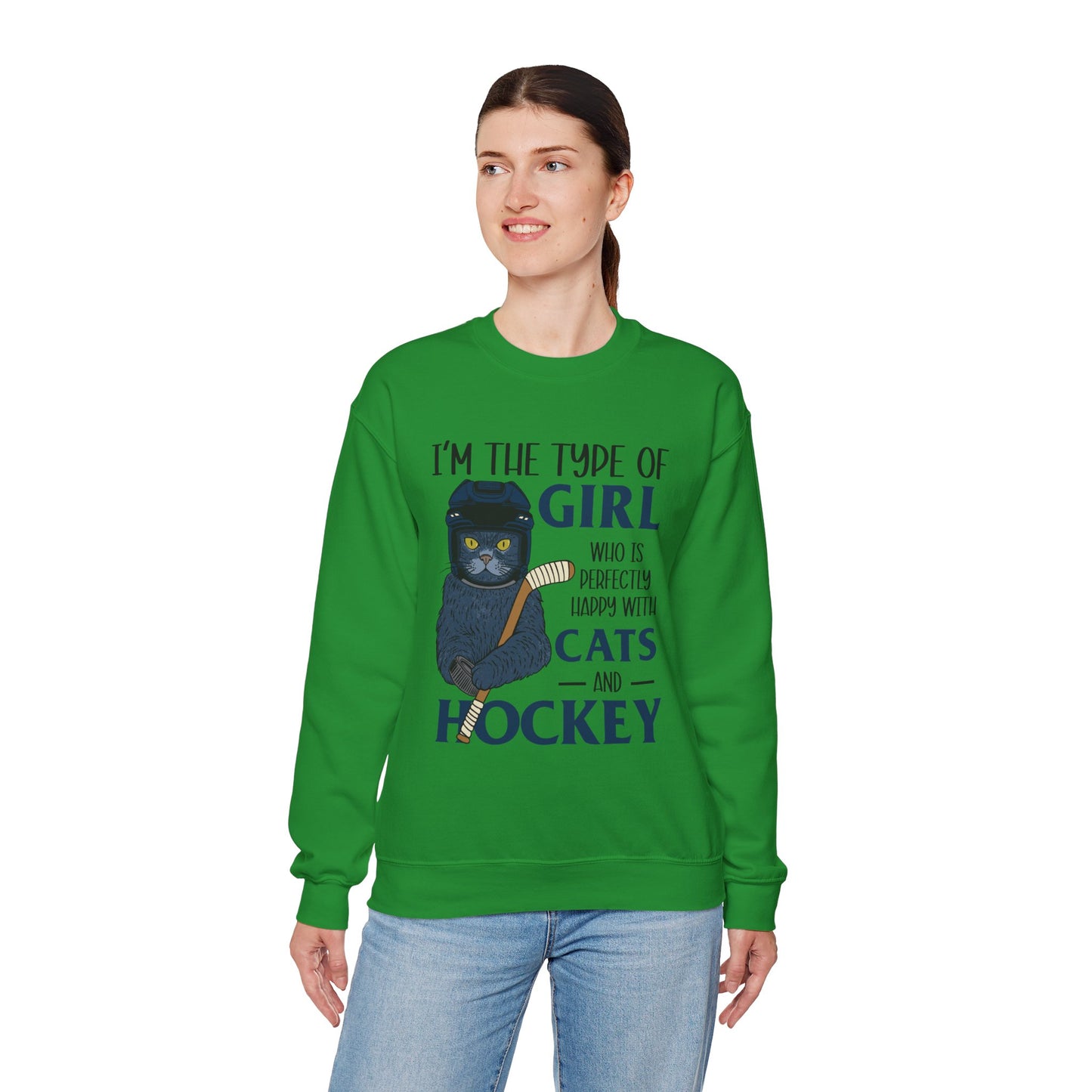 Cats & Hockey Girl Sweatshirt – Funny Unisex Crewneck for Cat Lovers & Sports Fans | Cozy Cotton-Poly Blend