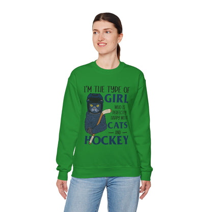 Cats & Hockey Girl Sweatshirt – Funny Unisex Crewneck for Cat Lovers & Sports Fans | Cozy Cotton-Poly Blend