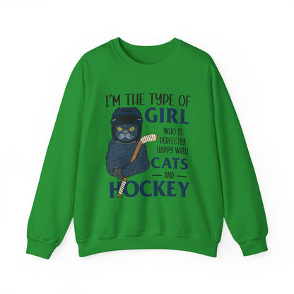 Cats & Hockey Girl Sweatshirt – Funny Unisex Crewneck for Cat Lovers & Sports Fans | Cozy Cotton-Poly Blend