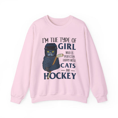 Cats & Hockey Girl Sweatshirt – Funny Unisex Crewneck for Cat Lovers & Sports Fans | Cozy Cotton-Poly Blend