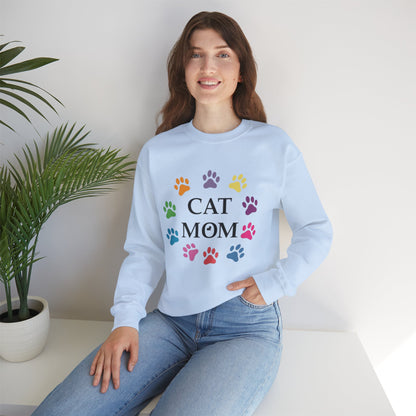 Vibrant Cat Mom Sweatshirt: Colorful Paw Print Circle Crewneck | Cozy 50/50 Cotton-Poly Gift