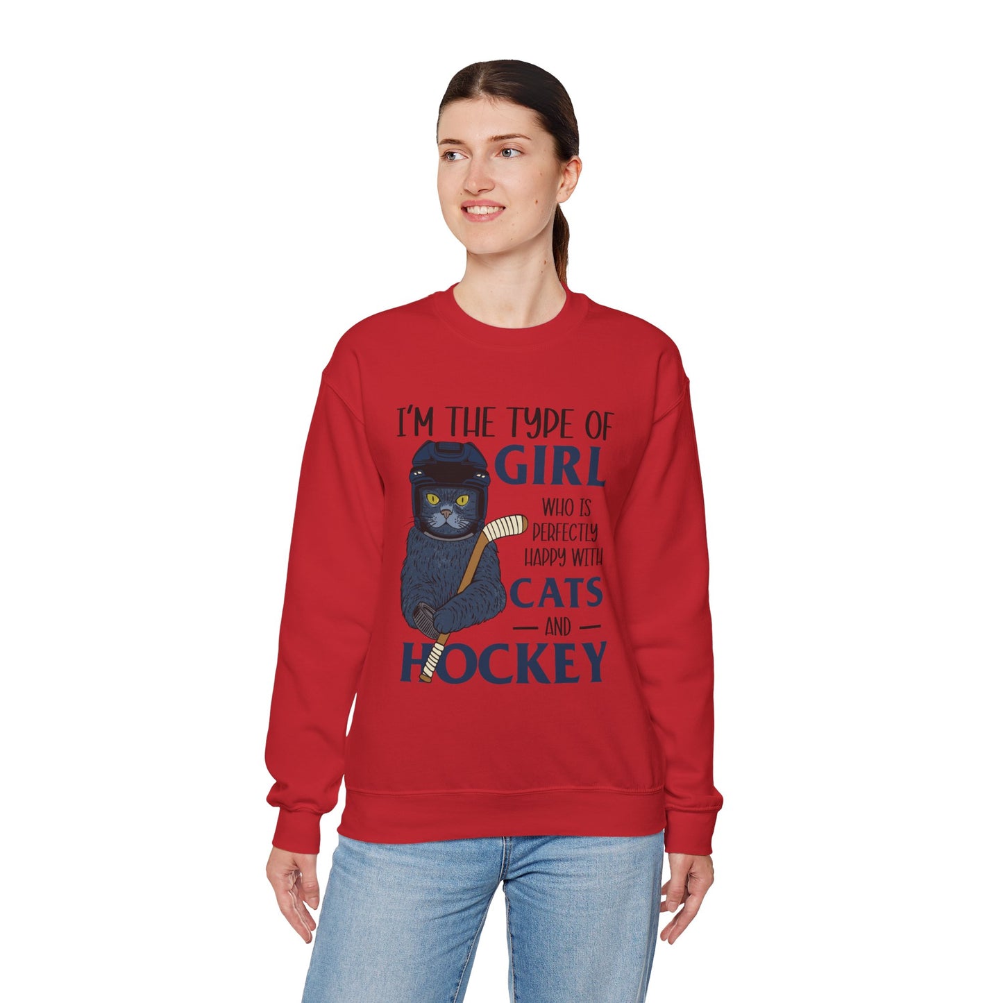 Cats & Hockey Girl Sweatshirt – Funny Unisex Crewneck for Cat Lovers & Sports Fans | Cozy Cotton-Poly Blend