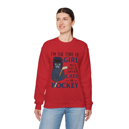 Cats & Hockey Girl Sweatshirt – Funny Unisex Crewneck for Cat Lovers & Sports Fans | Cozy Cotton-Poly Blend
