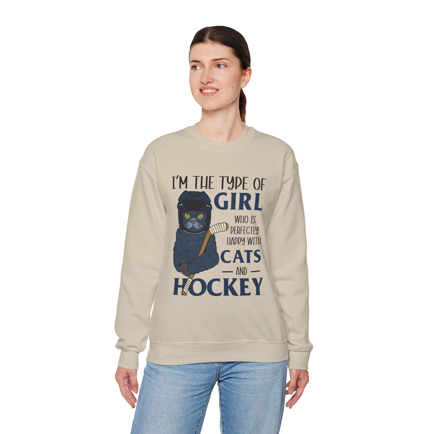 Cats & Hockey Girl Sweatshirt – Funny Unisex Crewneck for Cat Lovers & Sports Fans | Cozy Cotton-Poly Blend