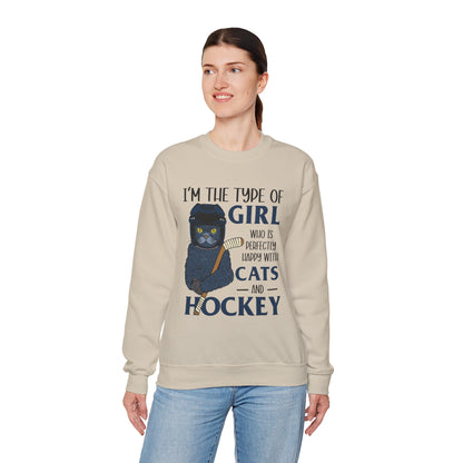 Cats & Hockey Girl Sweatshirt – Funny Unisex Crewneck for Cat Lovers & Sports Fans | Cozy Cotton-Poly Blend