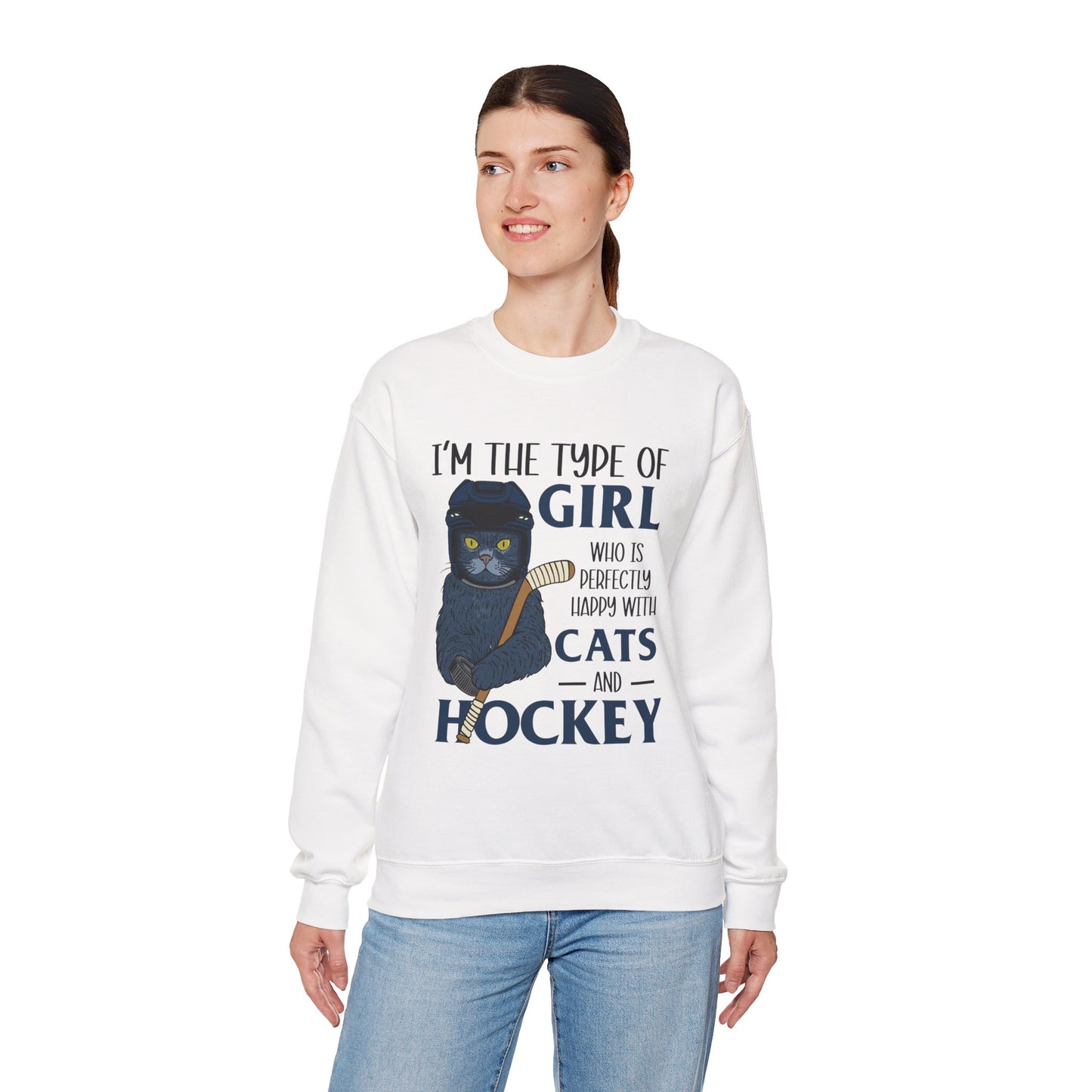 Cats & Hockey Girl Sweatshirt – Funny Unisex Crewneck for Cat Lovers & Sports Fans | Cozy Cotton-Poly Blend