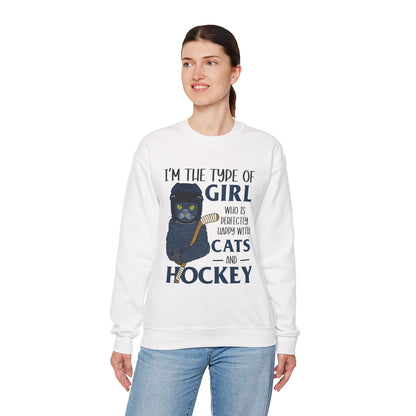 Cats & Hockey Girl Sweatshirt – Funny Unisex Crewneck for Cat Lovers & Sports Fans | Cozy Cotton-Poly Blend