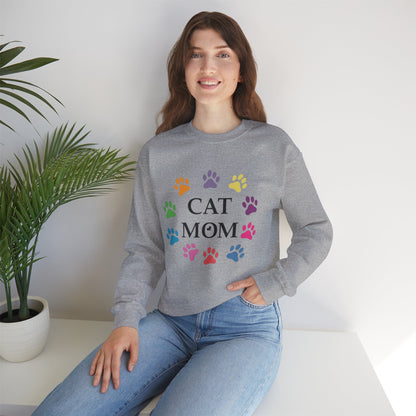 Vibrant Cat Mom Sweatshirt: Colorful Paw Print Circle Crewneck | Cozy 50/50 Cotton-Poly Gift